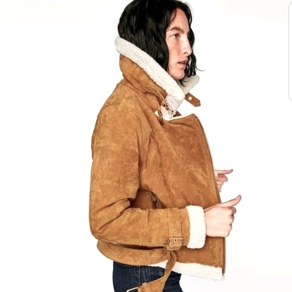 Zara Camel Suede Moto Jacket with Faux Shearling Lining in Camel Size XS - Picture 2 of 10